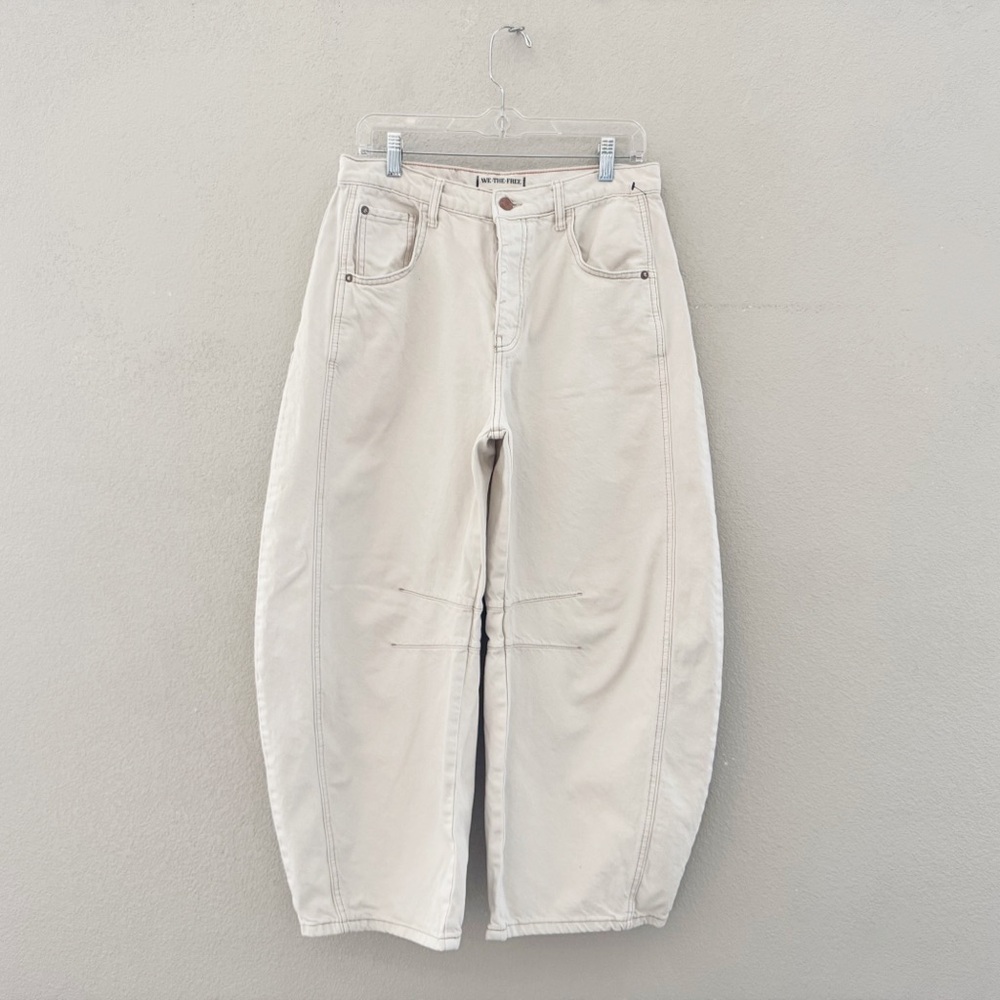 Free People Good Luck Barrel Jeans 29 Cream Milk Denim Curved Bow Leg Boho Chic - Picture 6 of 14
